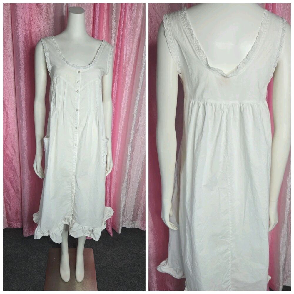 Llise Stevens Vintage White Cotton Lace Ruffle Trim Nightgown Size Small